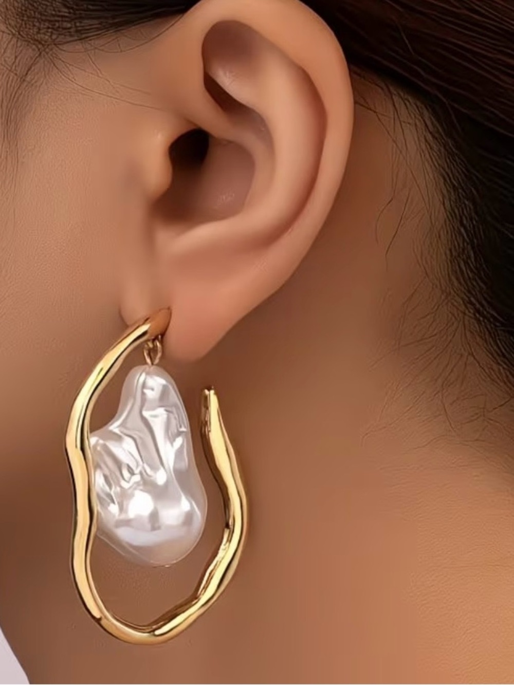 Gold Hoop Earrings with Baroque Pearl Drop